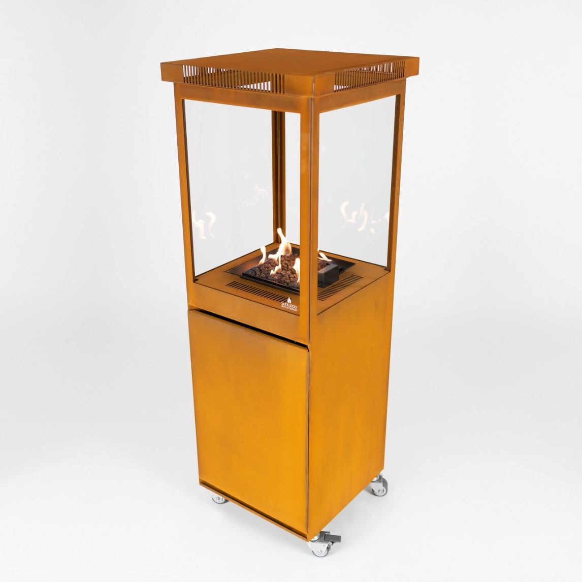 Italkero Dolce Vita glass tube patio heater in corten finish from the rental fleet